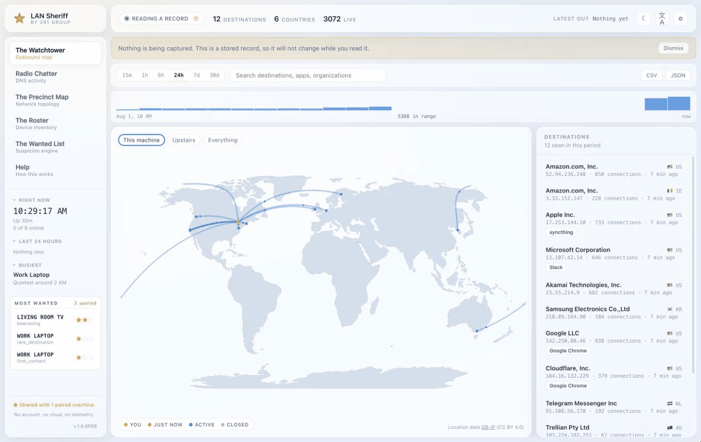 LAN Sheriff walkthrough — a tour through The Watchtower egress map, The Precinct Map network diagram, The Wanted List, and the settings panel showing Dispatch pairing